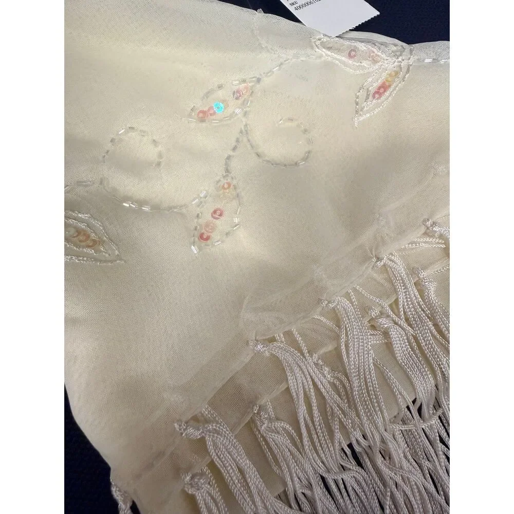 NWT Deb White Embroidered Sequin Fringe Triangle Scarf OS